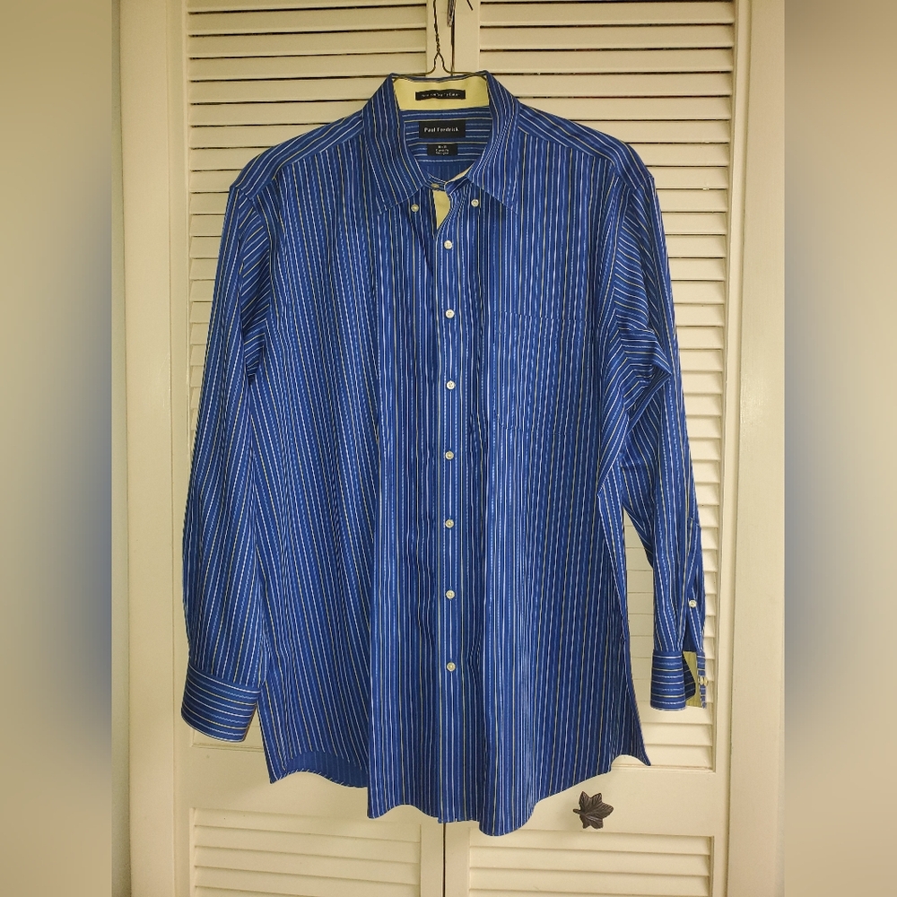 Paul Fredrick Non Iron Men's Shirt in Blue, White & Yellow Stripes Size 18x35